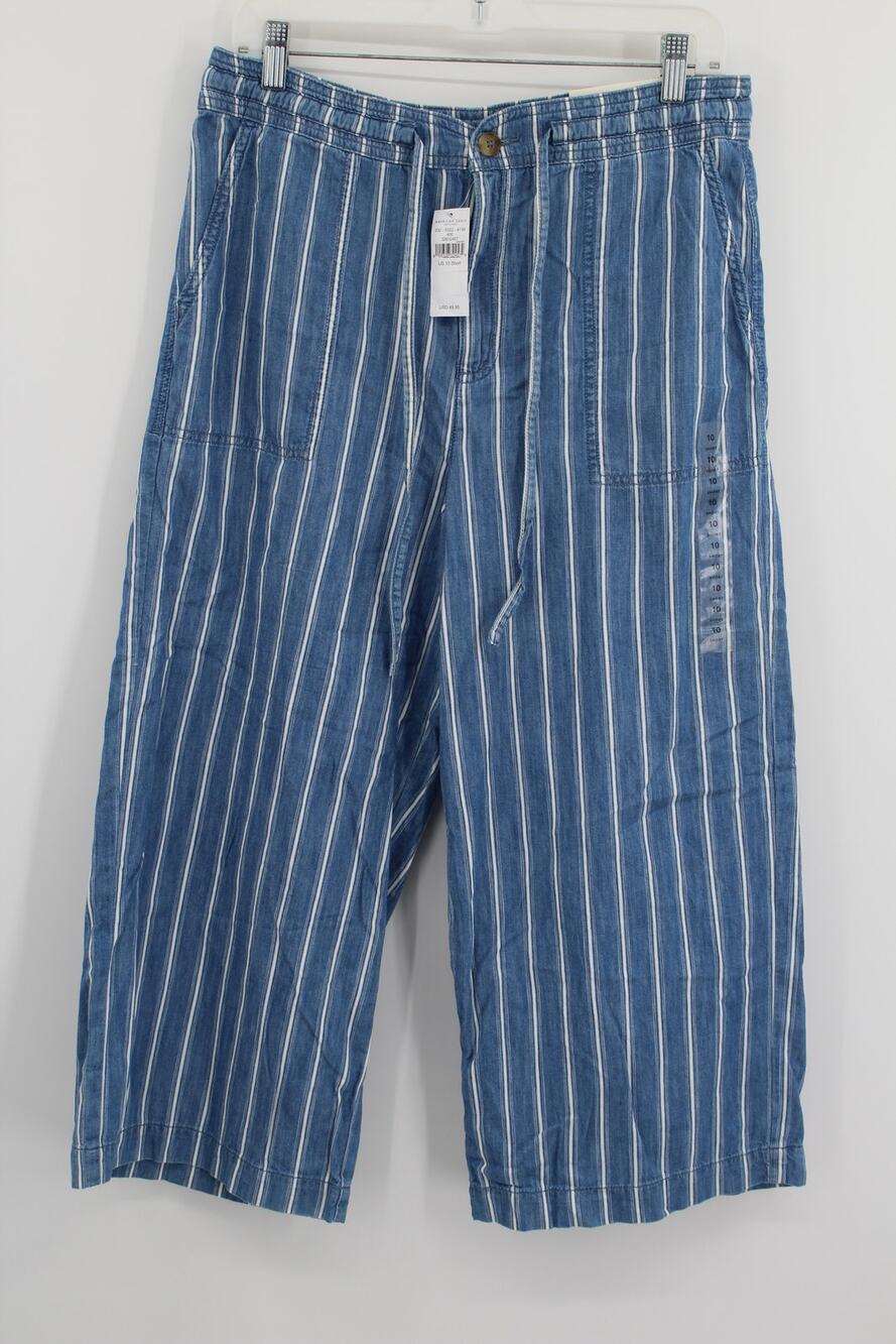American Eagle Super High Rise Wide Leg Striped Pants Blue White 10 Short NEW